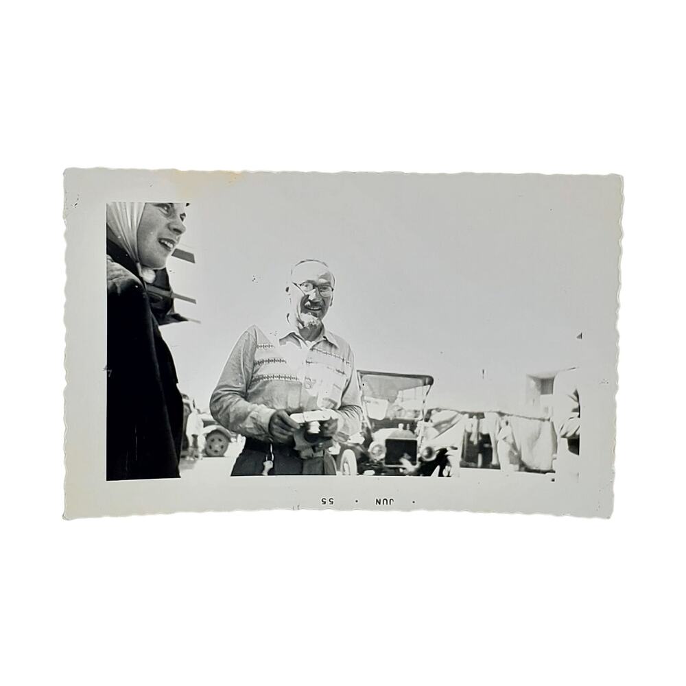 Vtg Man with Old Vehicle Behind Original Monochrome Photography Found Snapshot